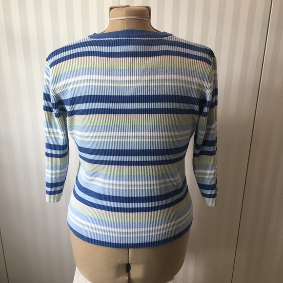 Denver Hayes blue green white striped cotton v-neck sweater Size M - Picture 3 of 7